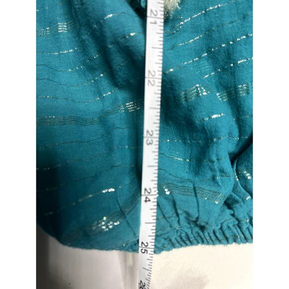 Monroe and Main Blue Boho Oversized Metallic Threading Tassels Lace V-neck - Picture 6 of 7